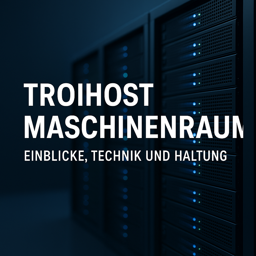 Visualisierung eines modernen Serverraums mit dunkelblauer Farbgebung, leuchtenden Rack-LEDs und technisch fokussierter Atmosphäre – symbolisiert den „TroiHost Maschinenraum“.