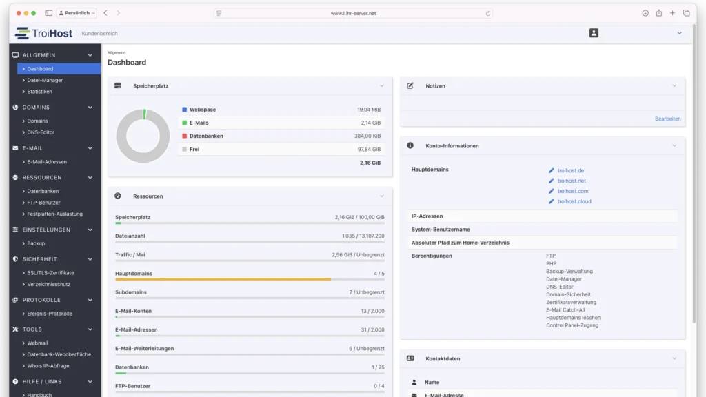 Ein Screenshot der Verwaltungsoberfläche des Webhostings der TroiHost
