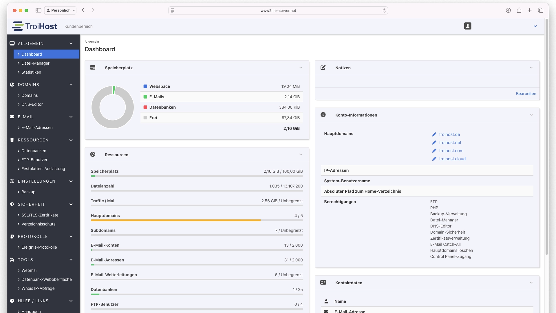 Ein Screenshot der Verwaltungsoberfläche des Webhostings der TroiHost