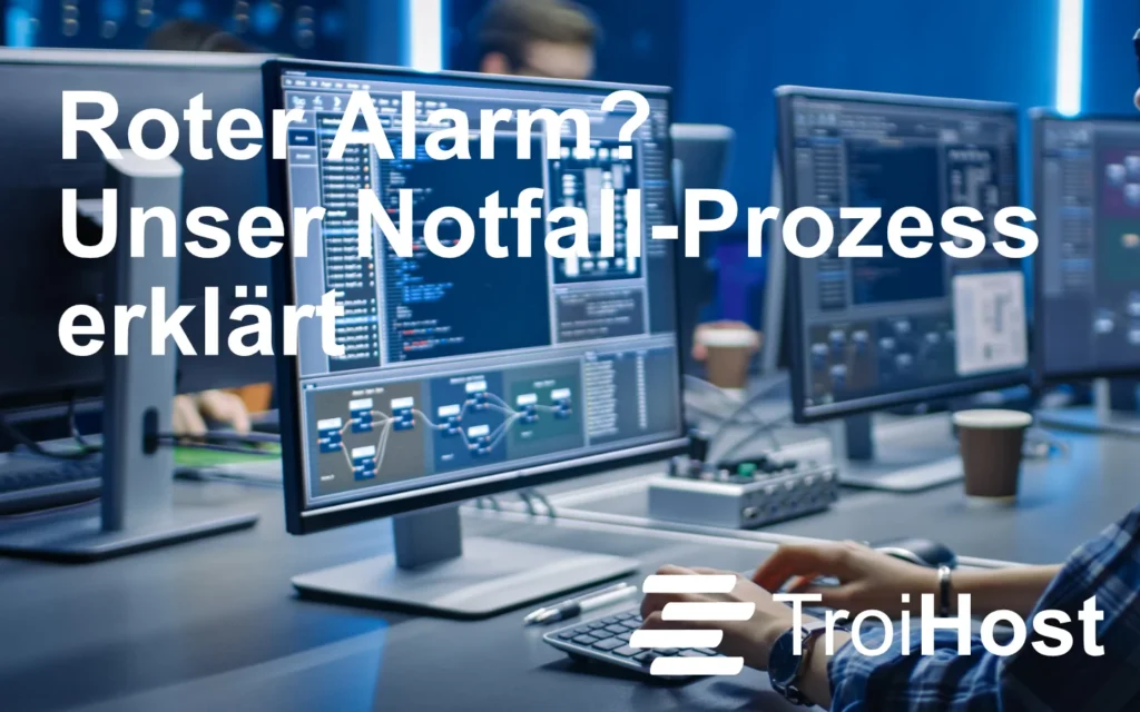 Ein Symbolbild eines Arbeitsplatzes mit dem Text "Roter Alarm? Unser Notfall-Prozess erklärt".